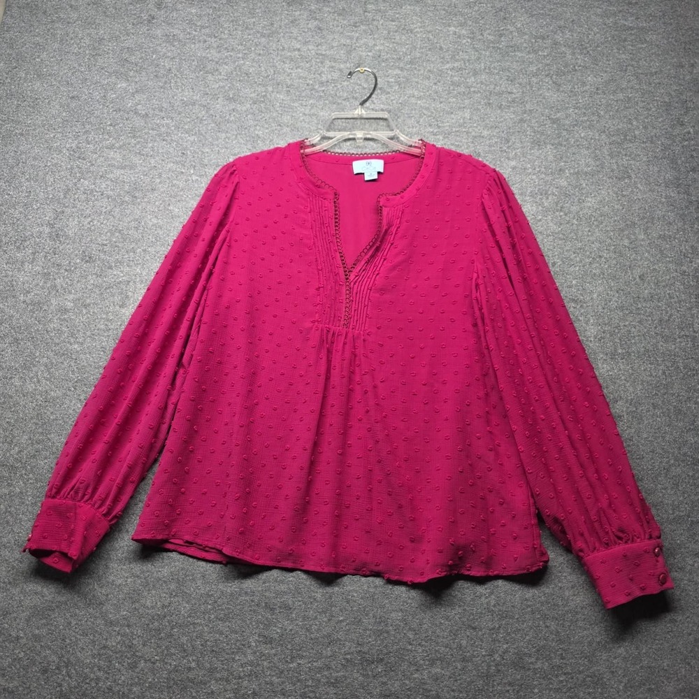 CeCe Women's Magenta Textured Long Sleeve Blouse Size M Split Neck Swiss D
